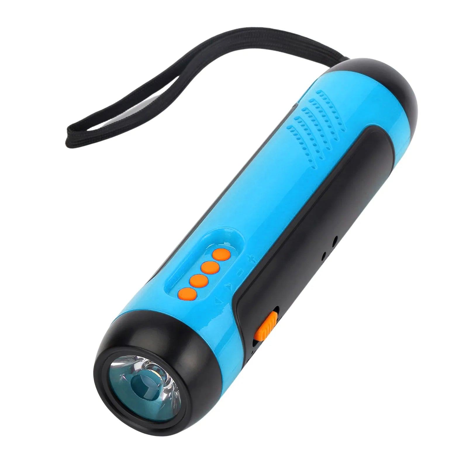 Outdoor rechargeable FM alarm flashlight in red with LED beam, ABS body, USB cable and hand crank