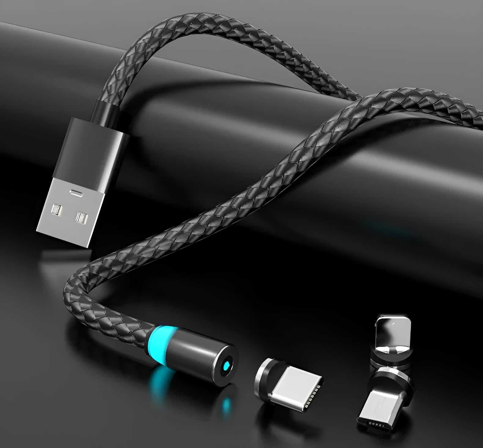 Breathing light magnetic charging cable with LED indicator, showing black 2-metre length and magnetic USB-C connector.