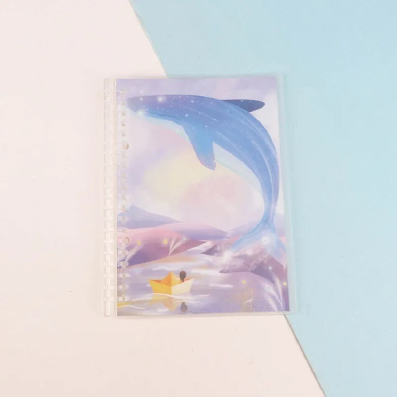Children's hand-ledger notebook with hardcover showing animal designs including whale and fruit patterns