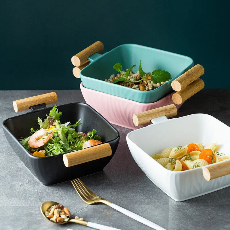 Modern ceramic bowl with irregular shape and matching lid in four colour options