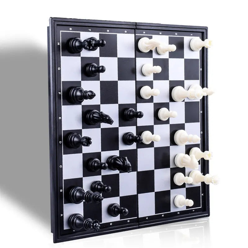 Three in one magnetic chess checkers backgammon set, plastic board 25.5x13x4.5cm, with colourful pieces