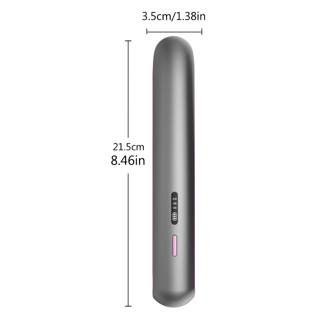 Moon shadow grey wireless hair straightener with ceramic plates and temperature dial.