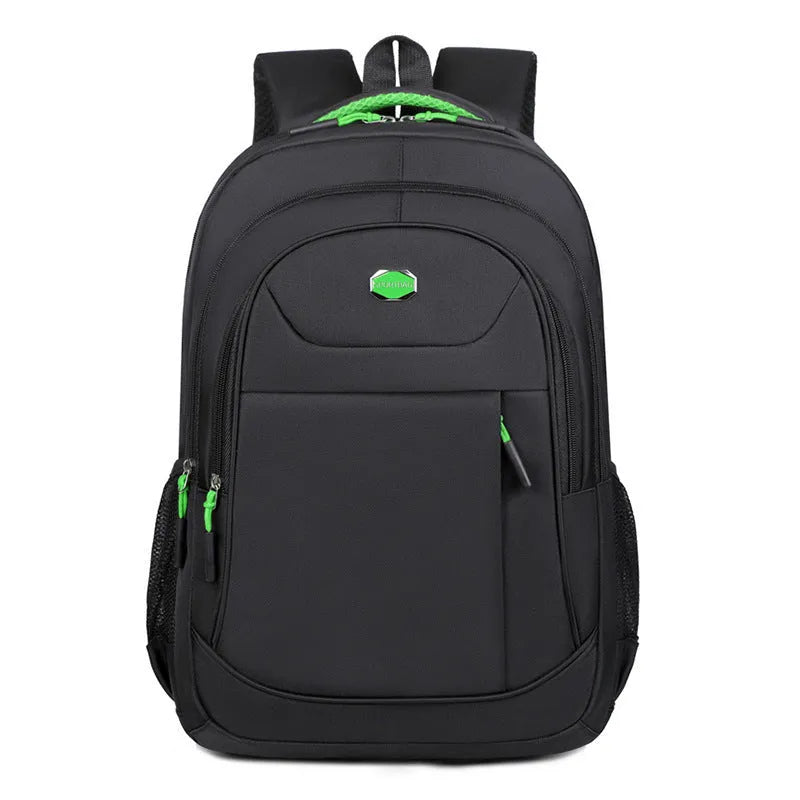 Solid colour Oxford cloth laptop backpack with curved shoulder straps and multi-layer compartments.