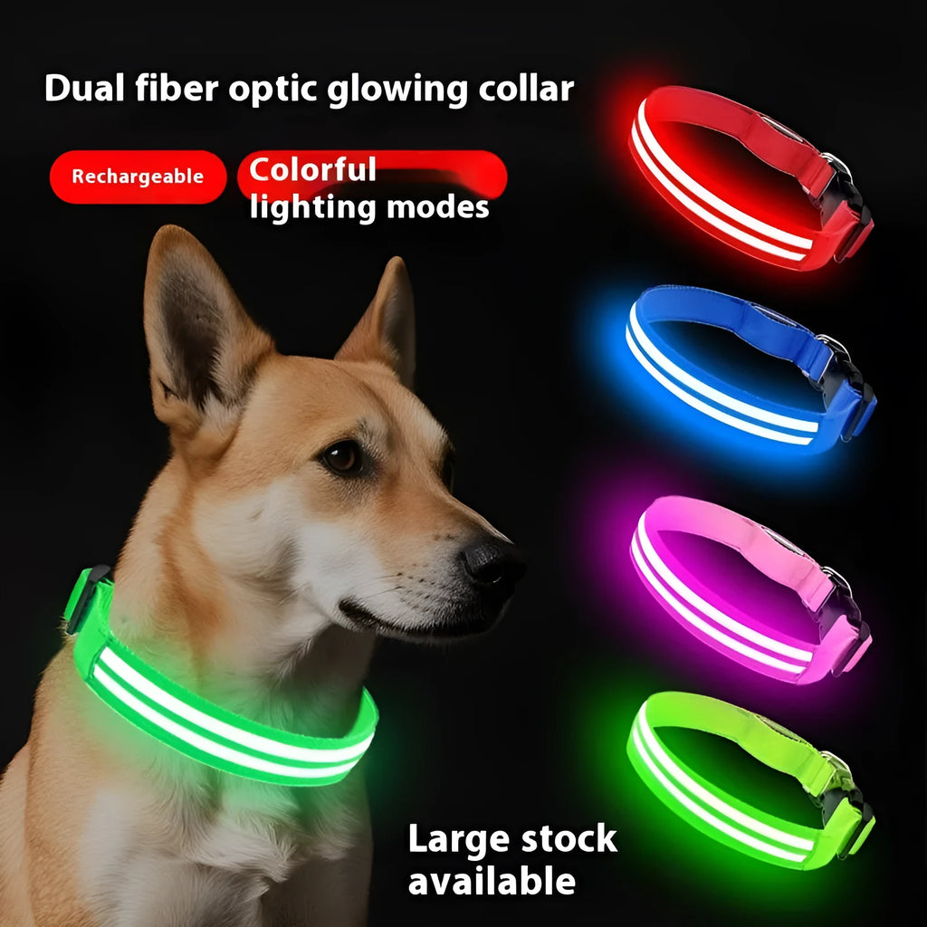 Shiny nylon dog collar with double fiber and luminous modes in blue, green, and red options on a pet