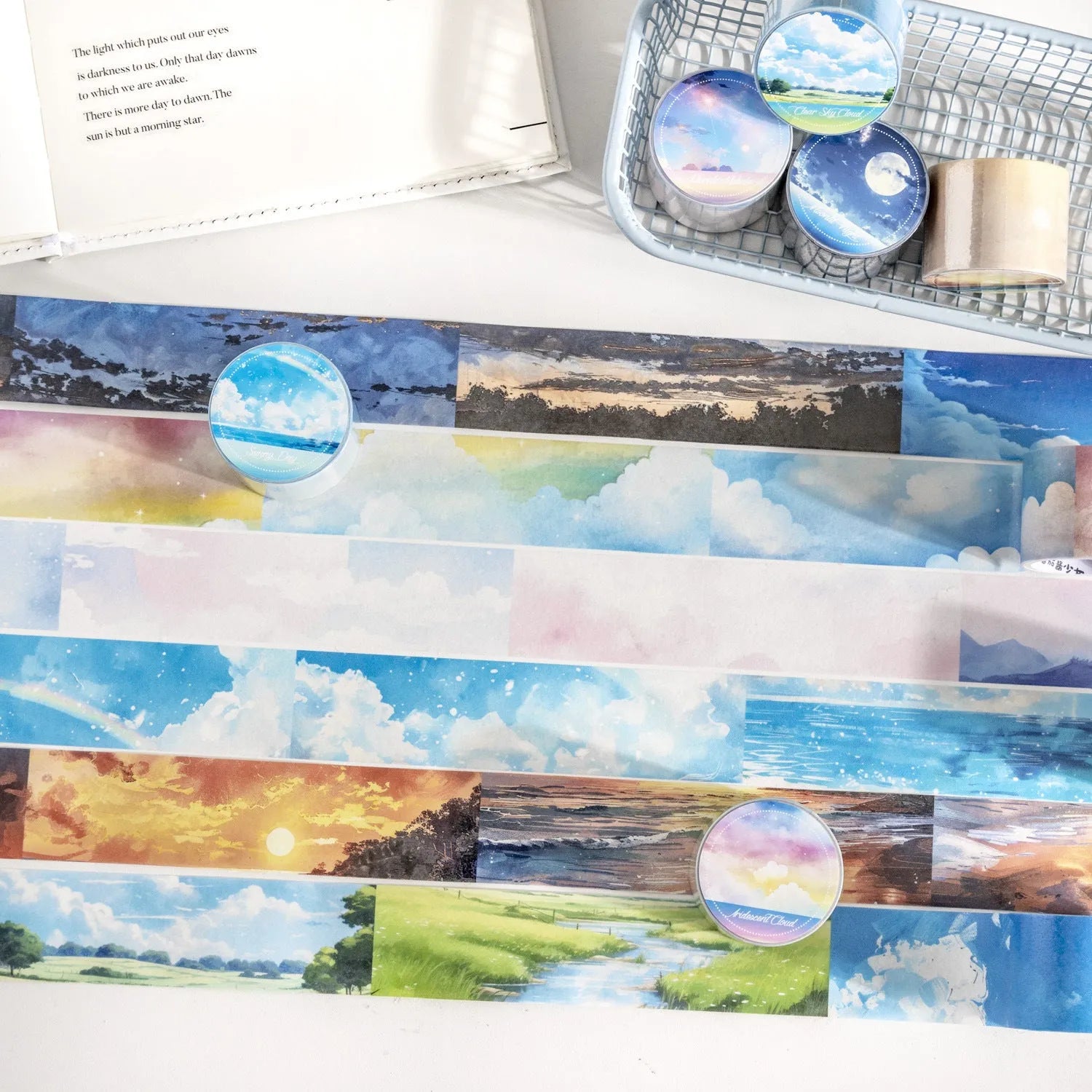 Japanese paper sky theme washi tape showing six colour variations including twilight and moonlight sky patterns
