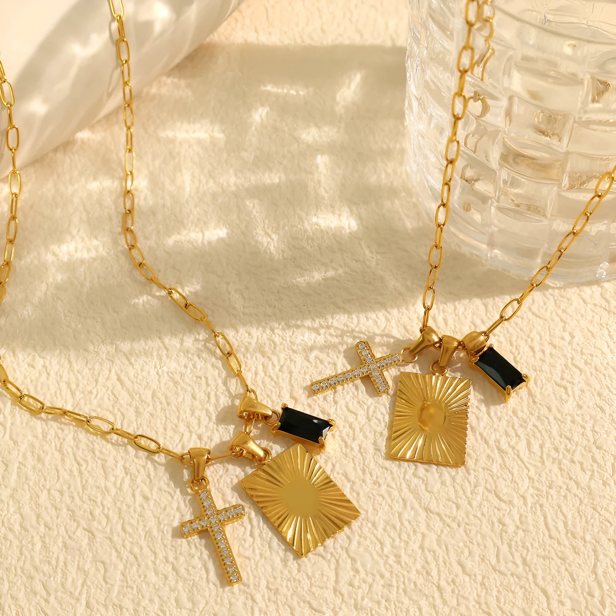 Titanium steel cross pendant necklace with black zircon square plate and gold electroplating on regular chain
