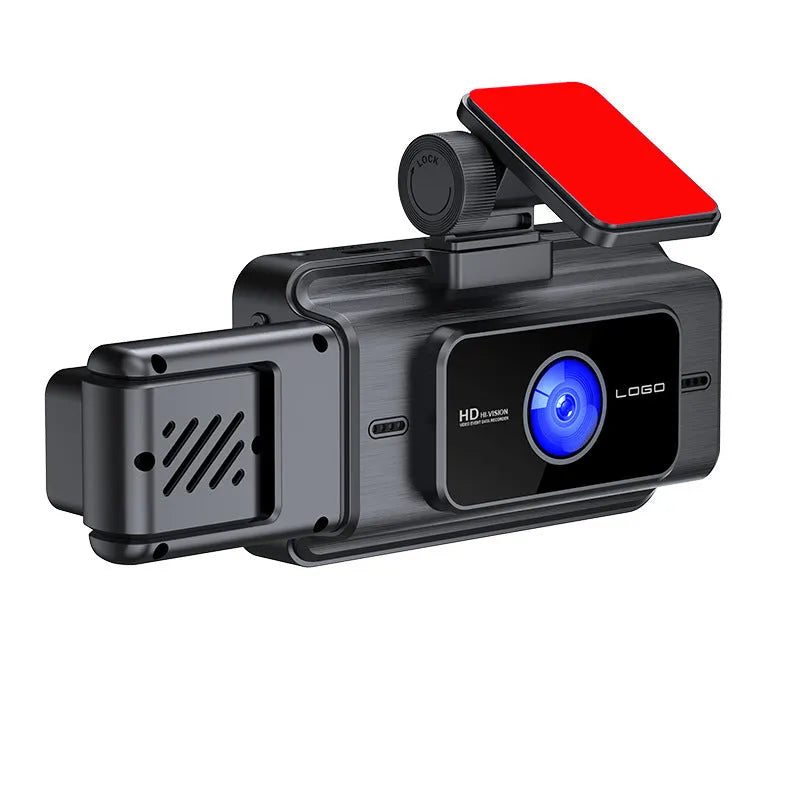 Black 3-lens car dash camera with 3-inch screen for front windshield mounting