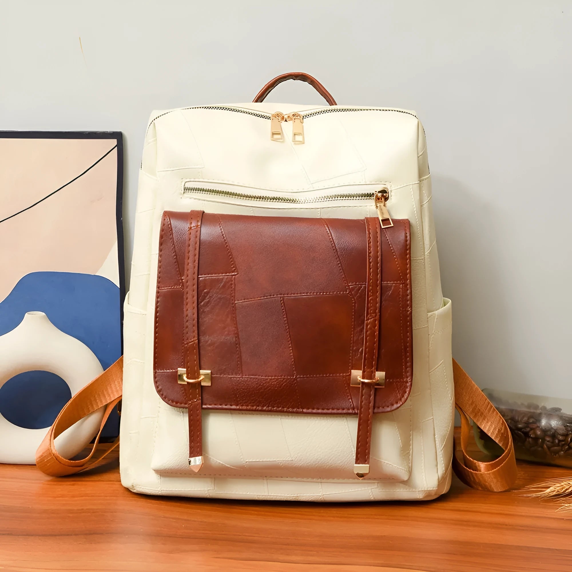 Retro women's backpack in high-grade PU soft leather, dual-use design, waterproof, available in beige, black, brown, coffee