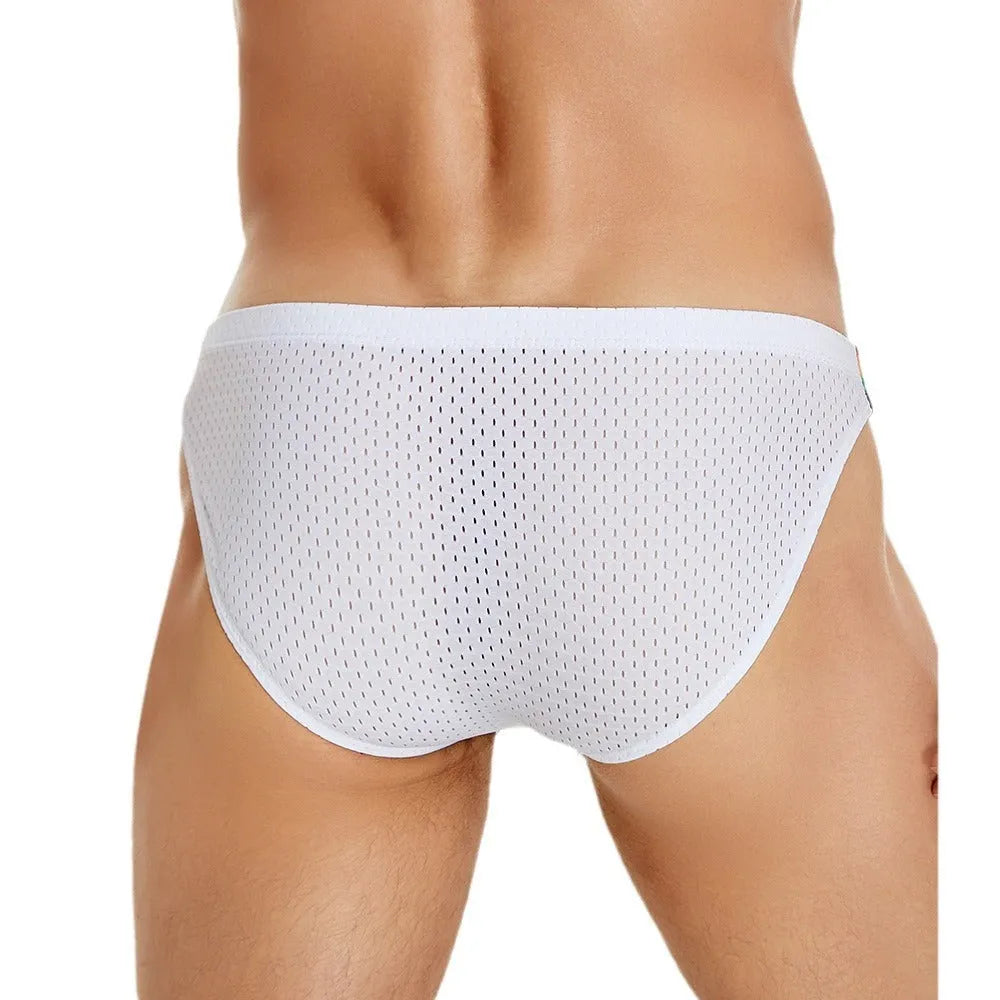 Men's nylon mesh briefs with a low waist and multicoloured rainbow waistband.