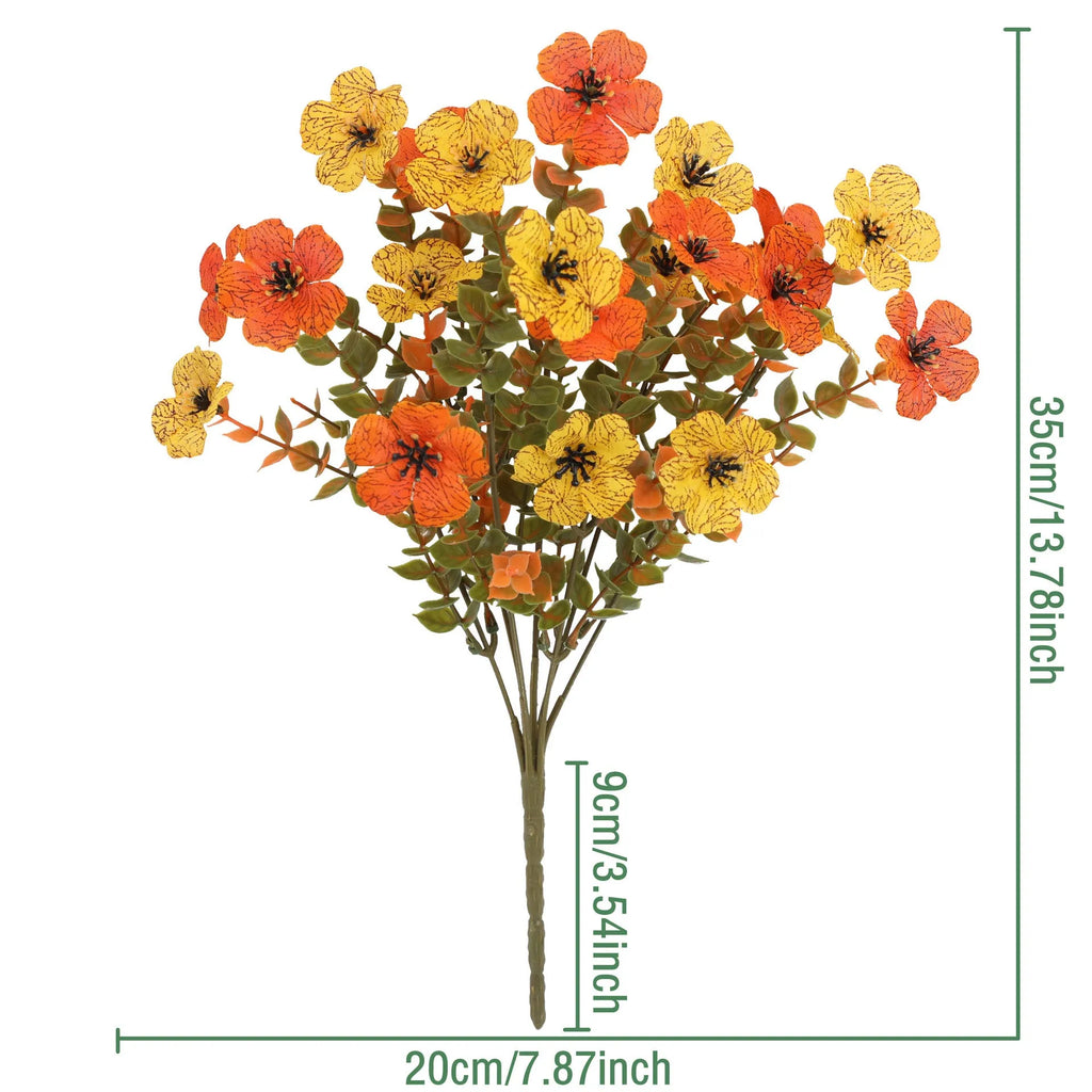 Artificial flower bouquet with autumn orange, red, and yellow silk flowers on plastic stems for decoration