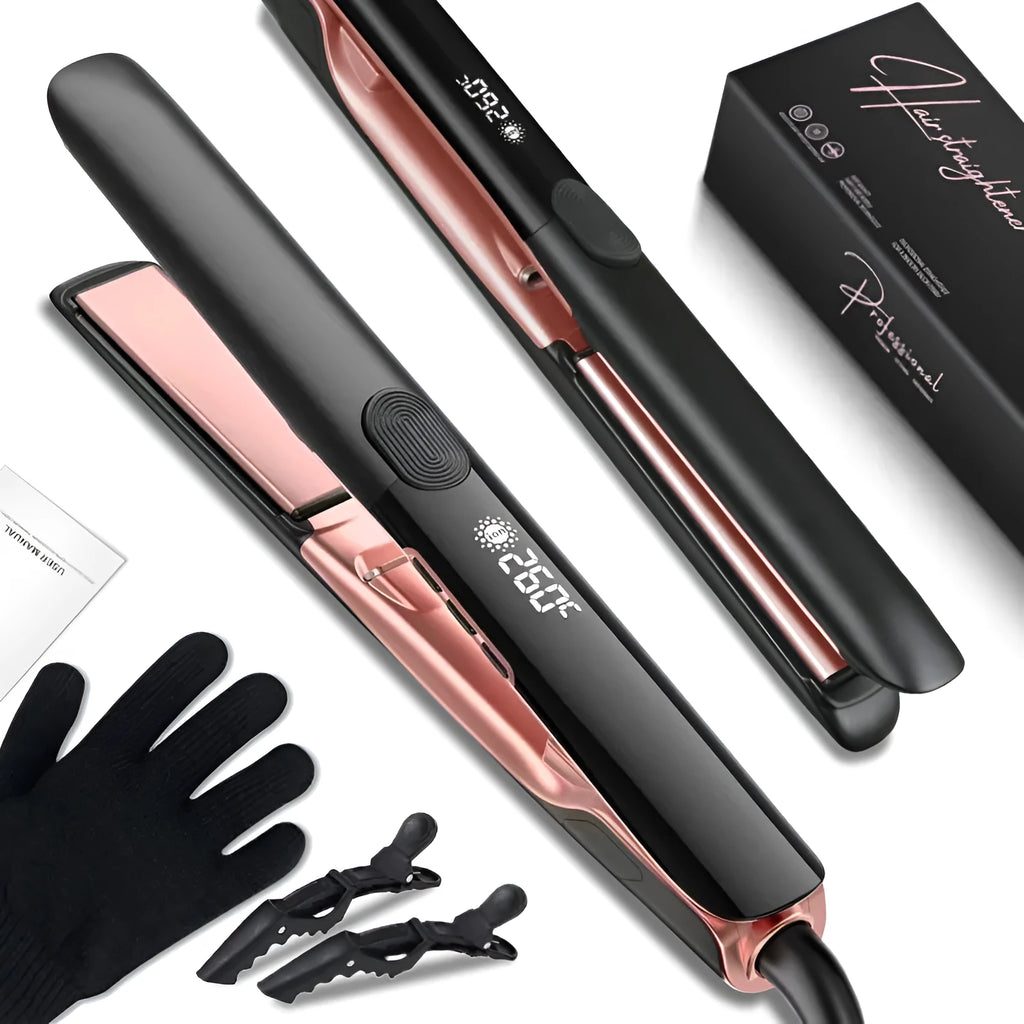 Hair straightener with digital temperature display showing 207℃ and negative ion technology