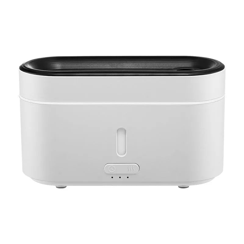 White resin flame lamp humidifier with two fog outlets and visible flame effect on a wooden table