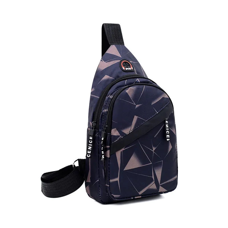 Men's blue print sling chest crossbody bag showing earphone hole and zipper pocket.