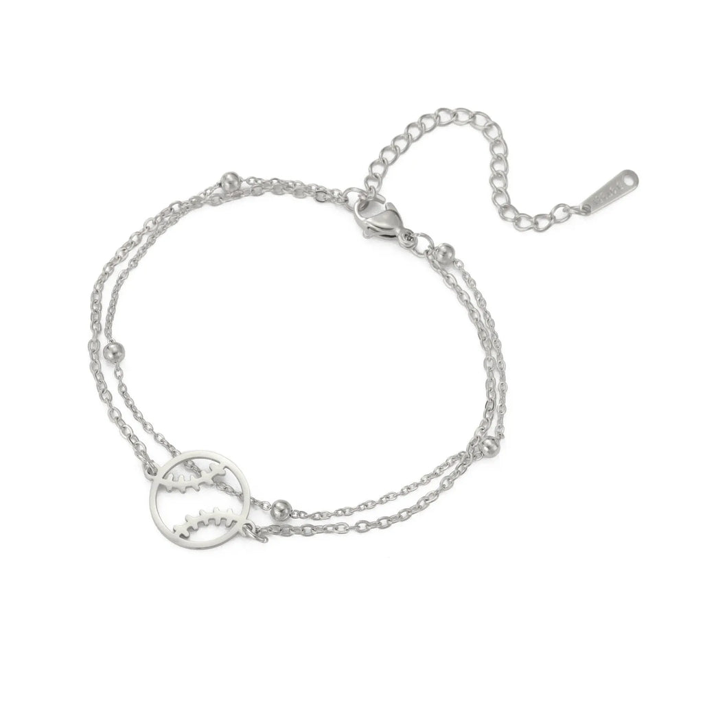 Stainless steel hollow baseball bracelet with double-layer chain in steel colour on wrist