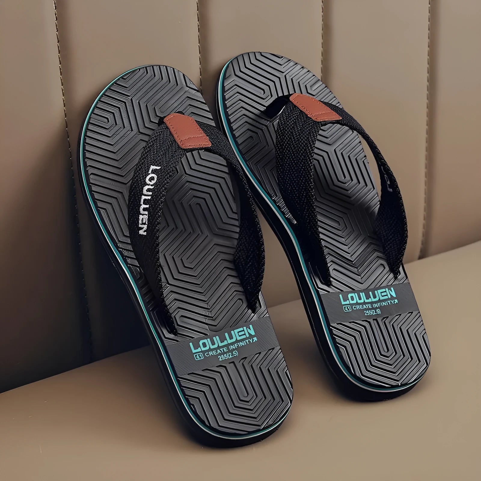 Men's black flip flops with an EVA upper and textured non-slip PVC sole.