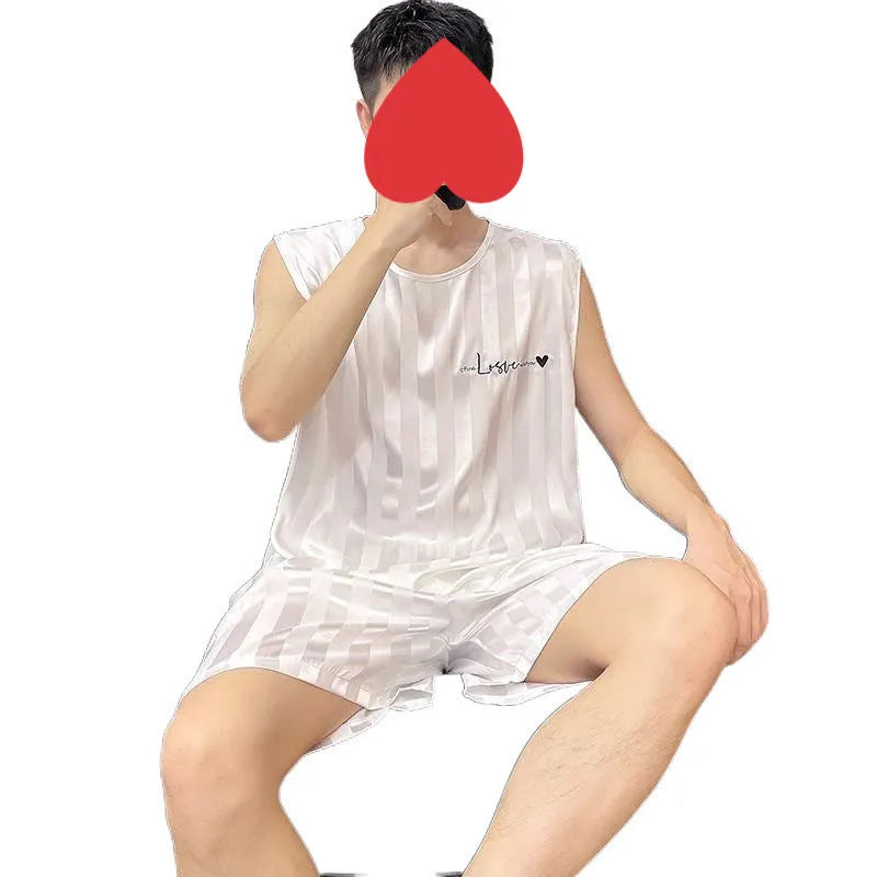 Men's ice silk pyjama set with sleeveless vest and shorts in white, black, or grey.