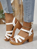 Plus size Roman women's peep toe sandals with chunky heel and ankle strap buckle in black