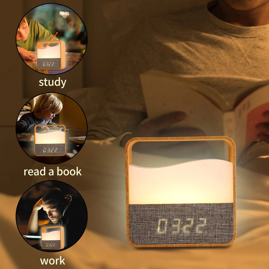 Wood grain geometric stereo alarm clock night lamp with remote control on a bedside table