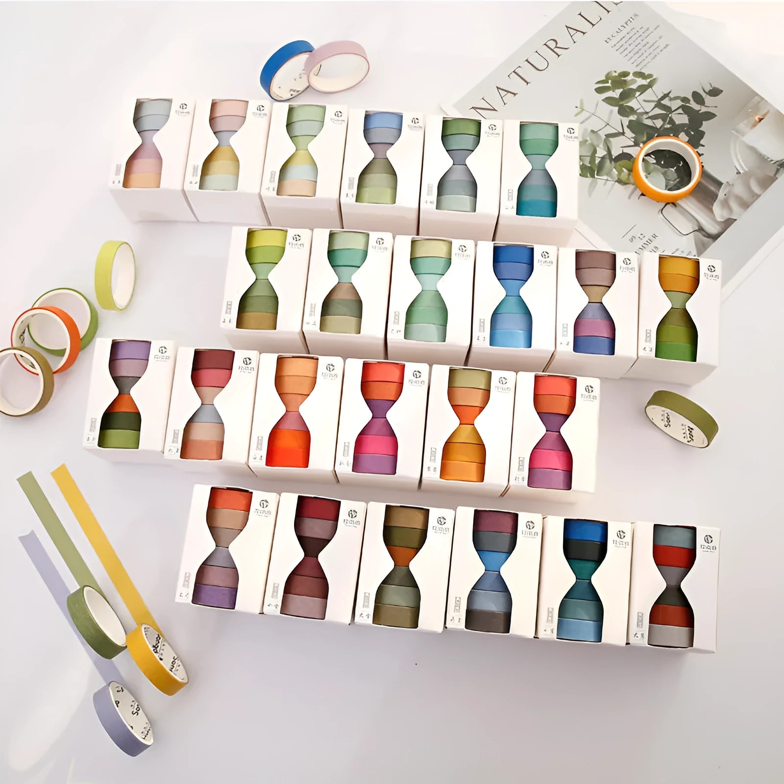 Set of six rolls of solid colour paper tape printed with Chinese solar terms, 9mm by 3 metres each