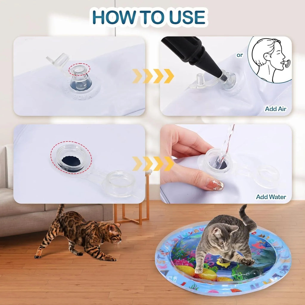 PVC water sensory playmat for cats with ocean fish theme and floating toys