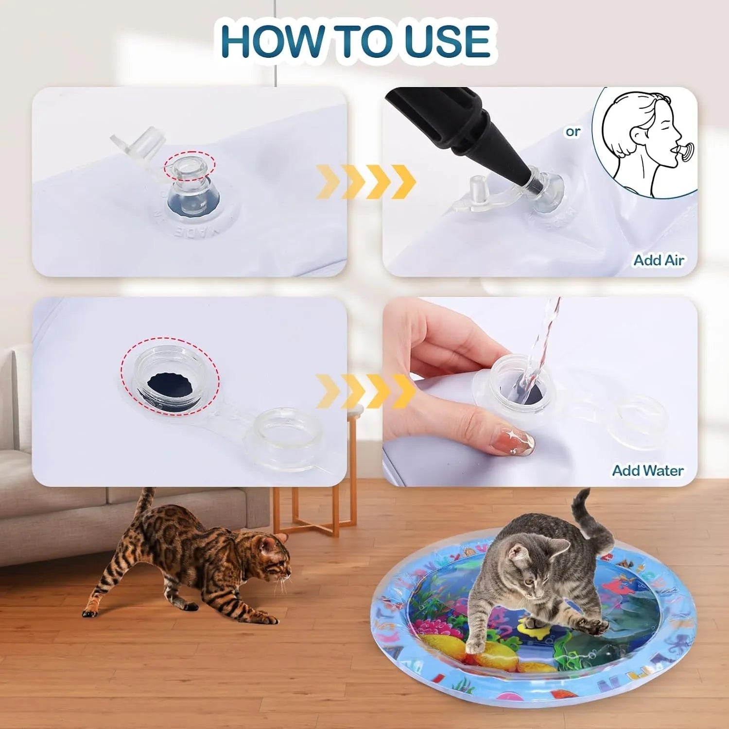 PVC water sensory playmat for cats with ocean fish theme and floating toys