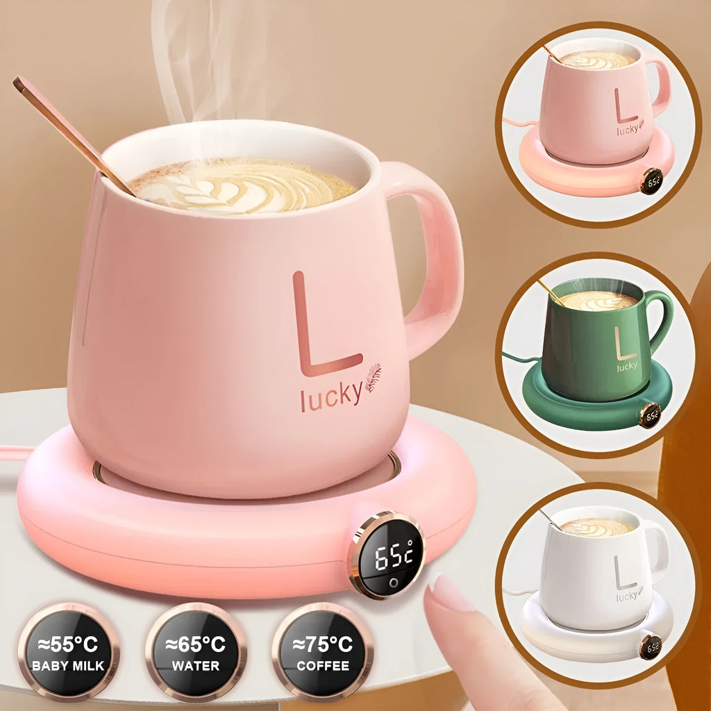 White USB cup warmer pad with LED display and mug on heating plate