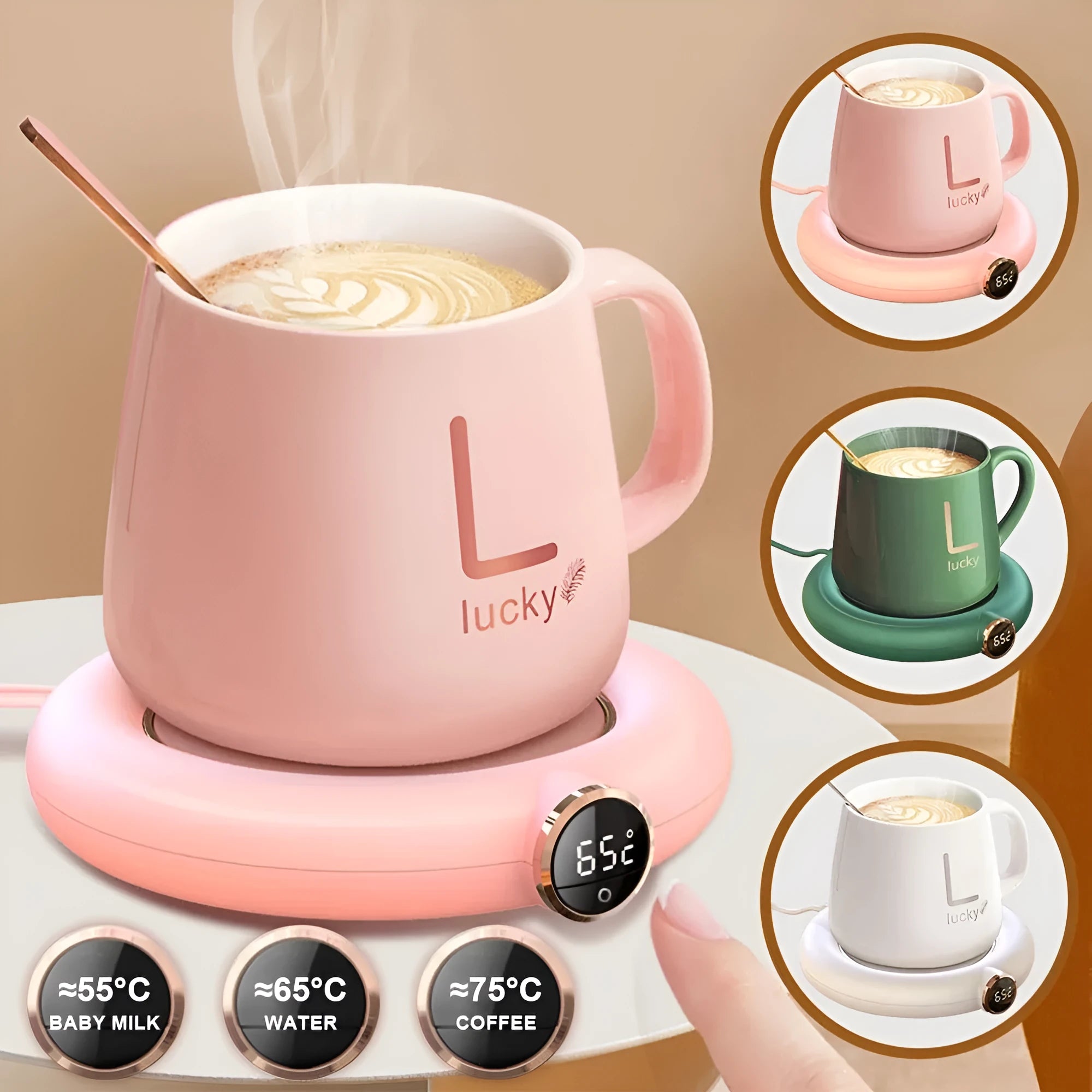 White USB cup warmer pad with LED display and mug on heating plate
