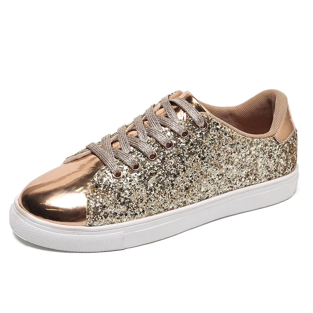 Women's plus size black sequined lace-up board shoes with flat rubber sole.