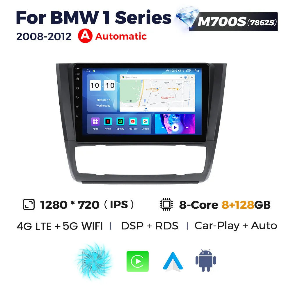 BMW E87 dashboard showing installed 9-inch Android car stereo and navigation touchscreen unit