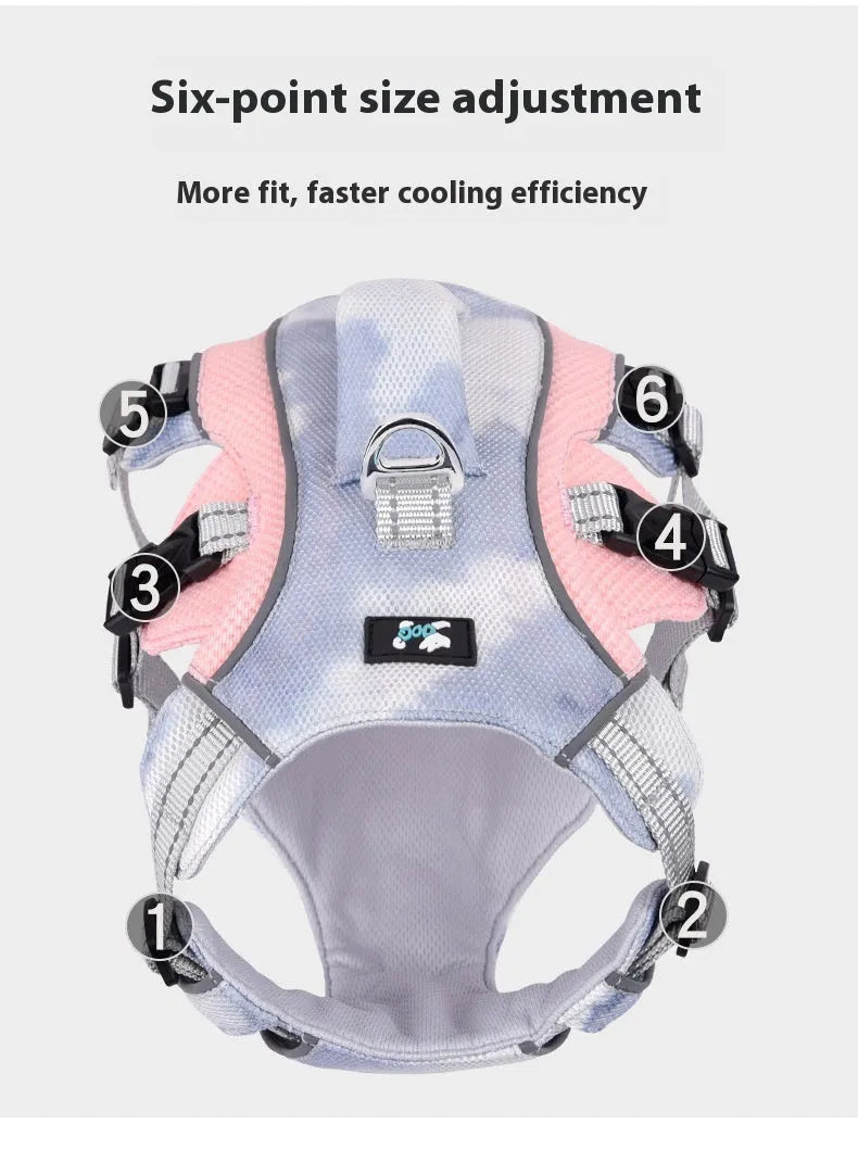 Light blue reflective dog cooling chest strap shown on a dog, with adjustable straps and size label.