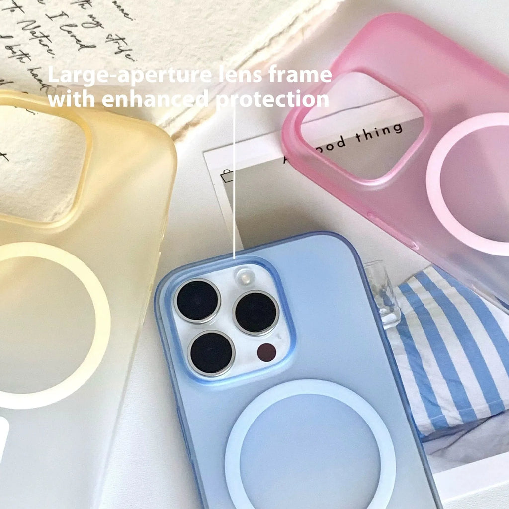 Frosted gradient blue magnetic suction case for iPhone on a white background