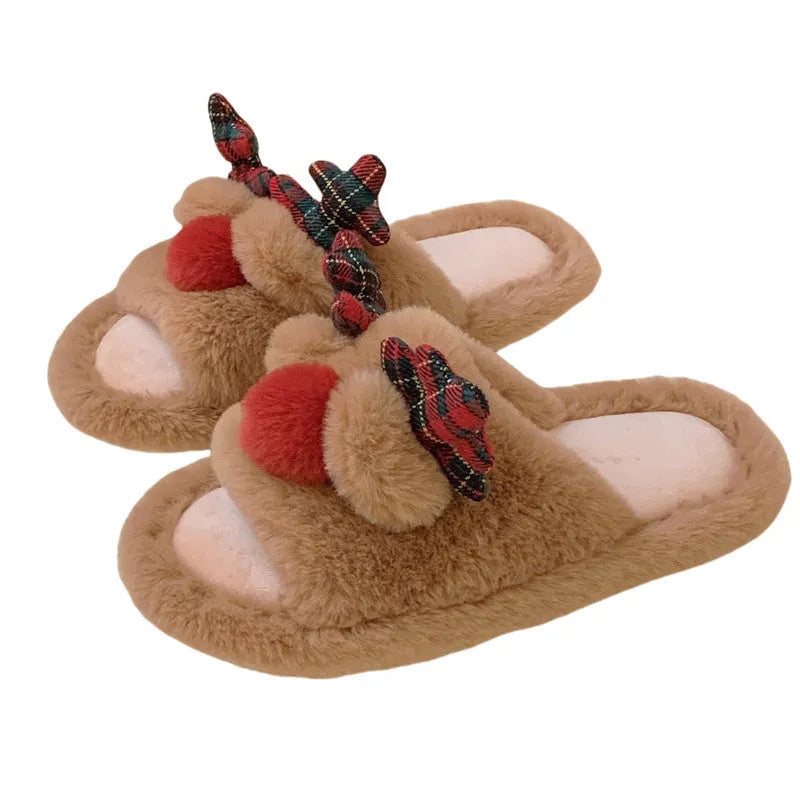 Brown women's fluffy cotton slippers with cartoon deer design, suede upper and PVC sole