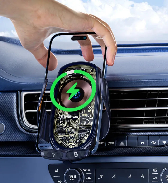 Wireless car charger with air vent mount, magnetic interface, and USB cable in gun colour or silver