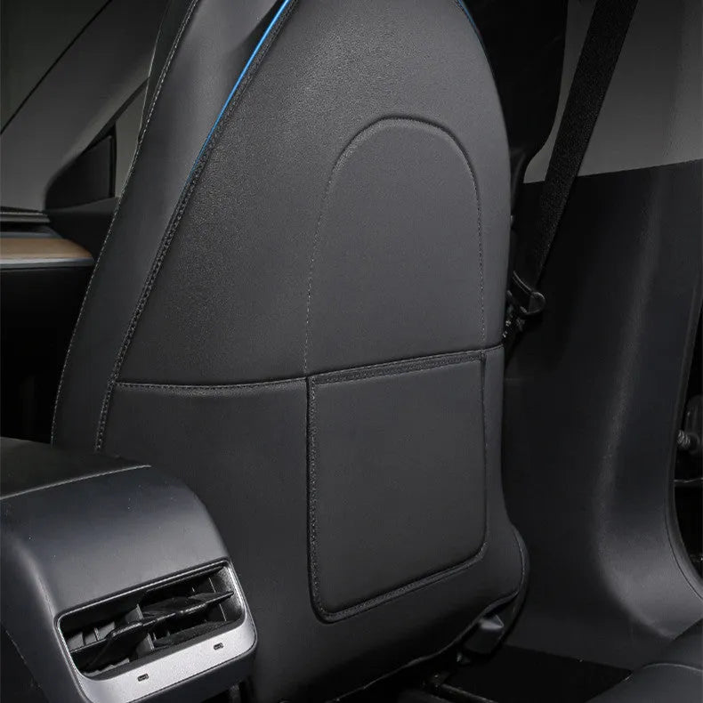 A pair of black leather motorcycle seat kick pads, each with a single pocket.