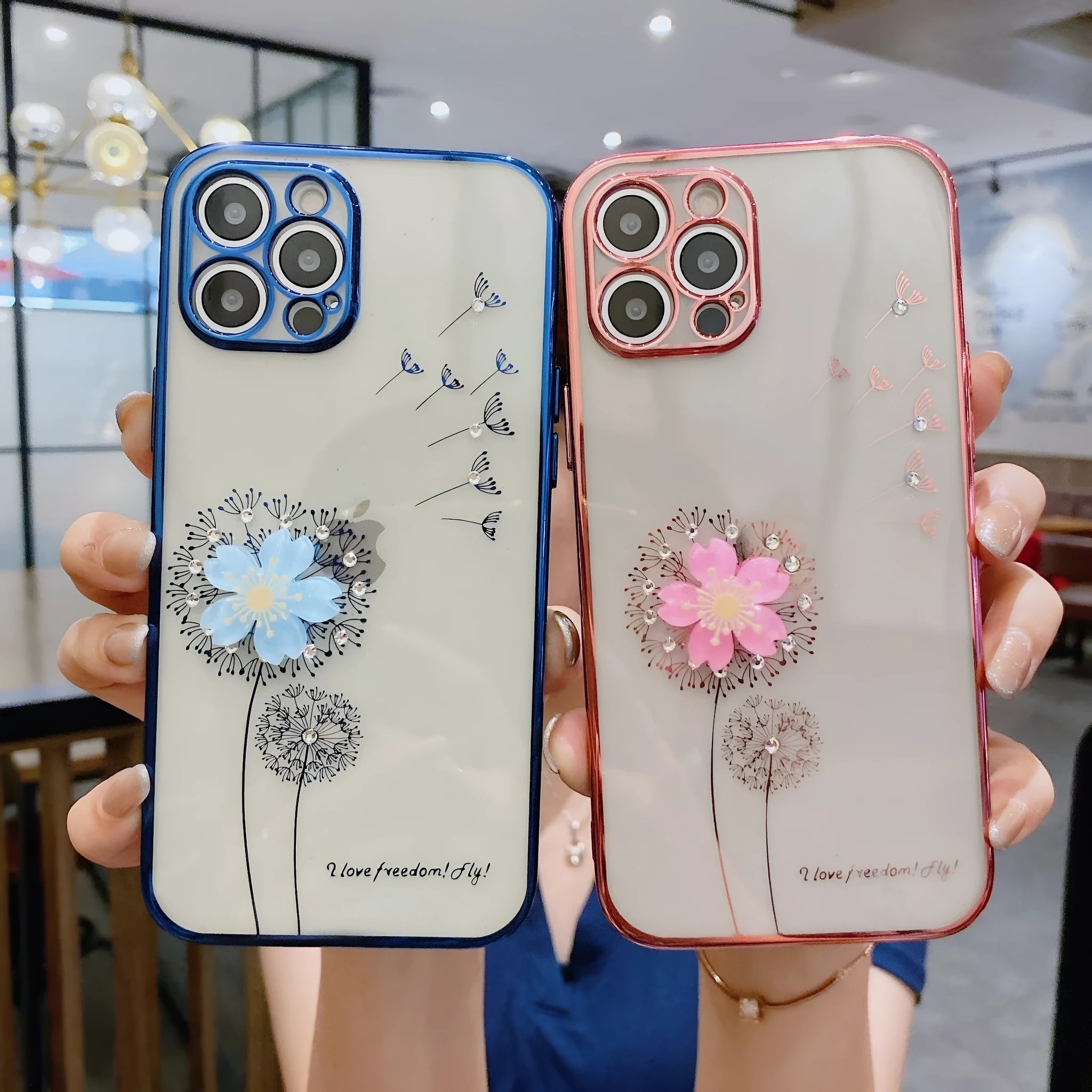 Green iPhone case with 3D floral design and extended rotating kickstand, showing built-in screen protector.