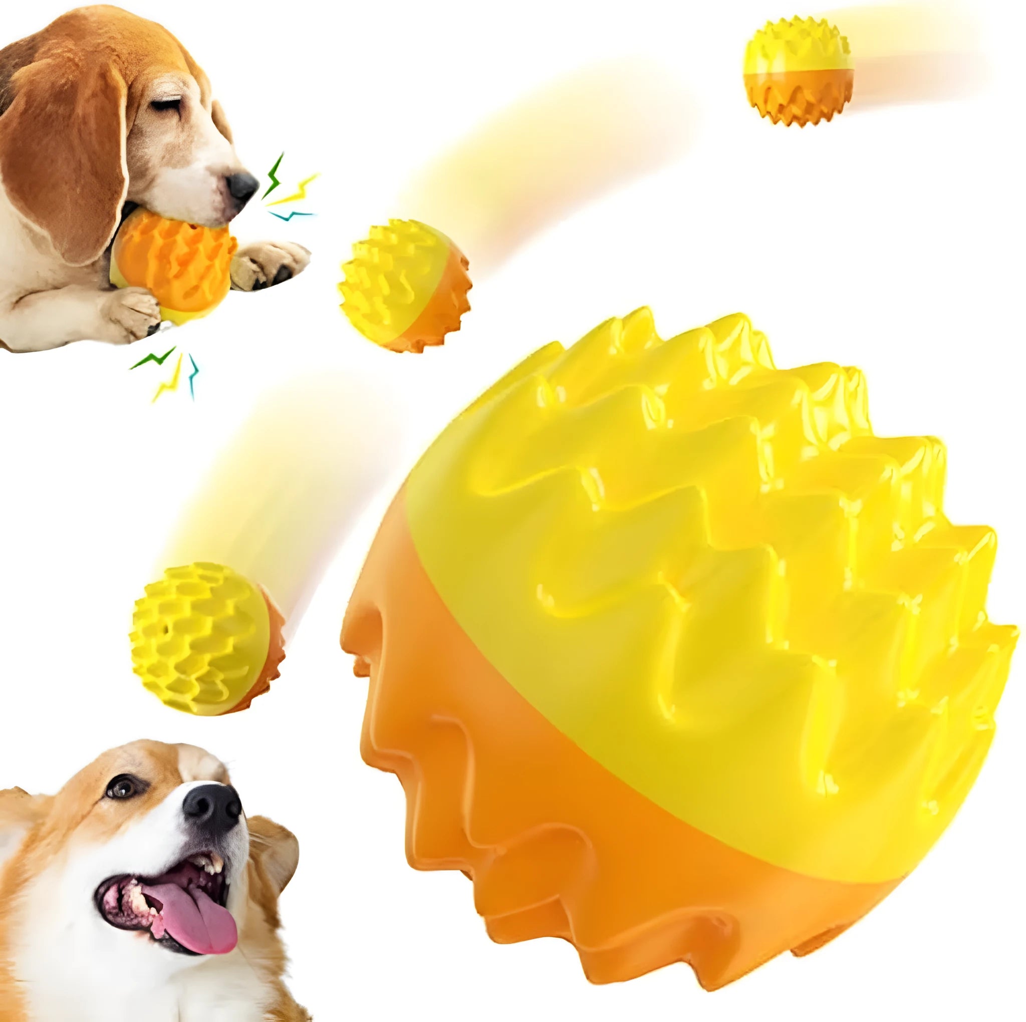 Blue or orange durable rubber squeaky dog ball with spiky texture for teeth cleaning and floating fetch play