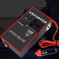 Black automotive power converter converting 12V/24V vehicle power to 220V AC with USB charging ports