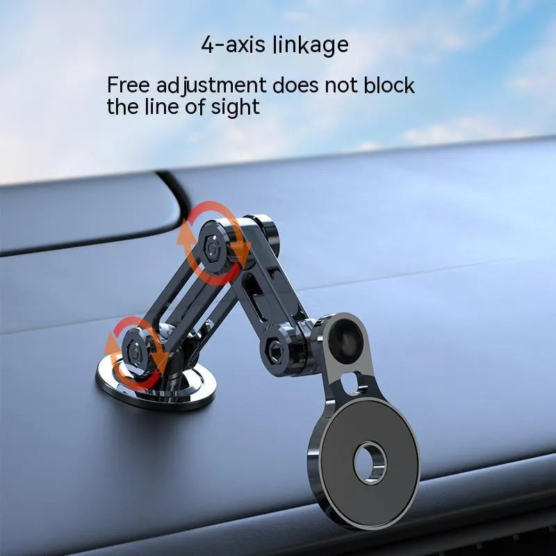 Black magnetic suction car phone holder on dashboard with mobile phone attached