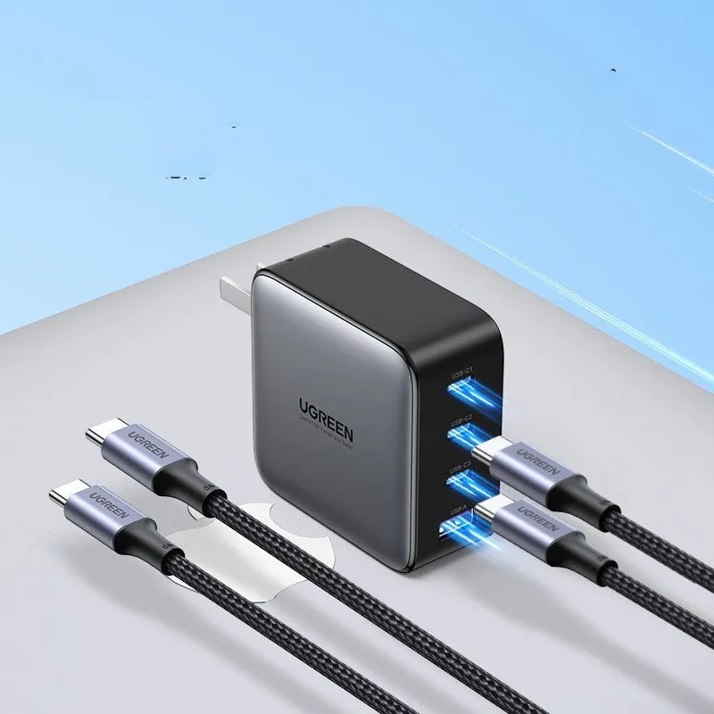 Compact 100W Gallium Nitride GaN fast charger plug with USB-C port on a 69mm body.