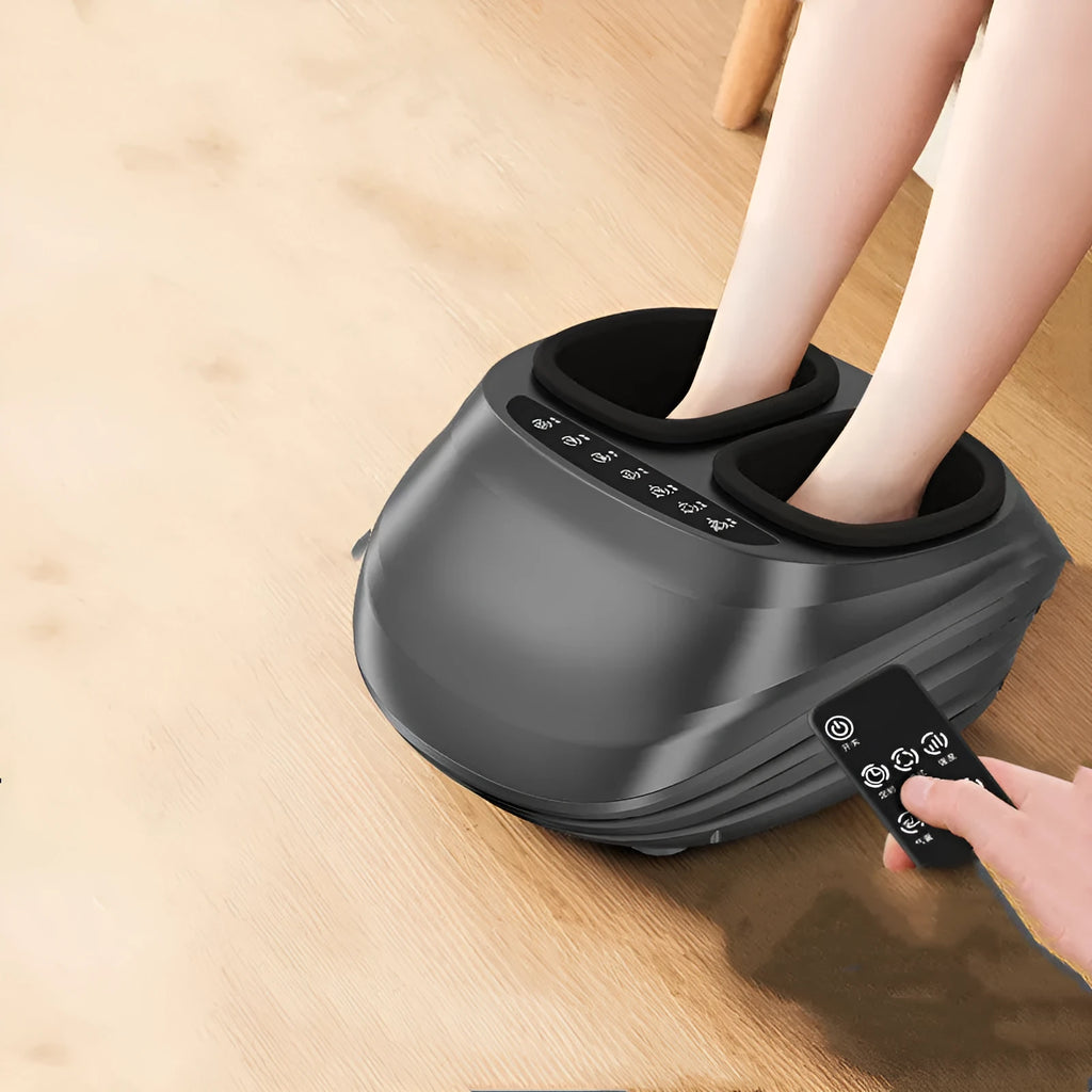 Household automatic kneading heating foot massager with 4D wrap, black basic style, push-button control