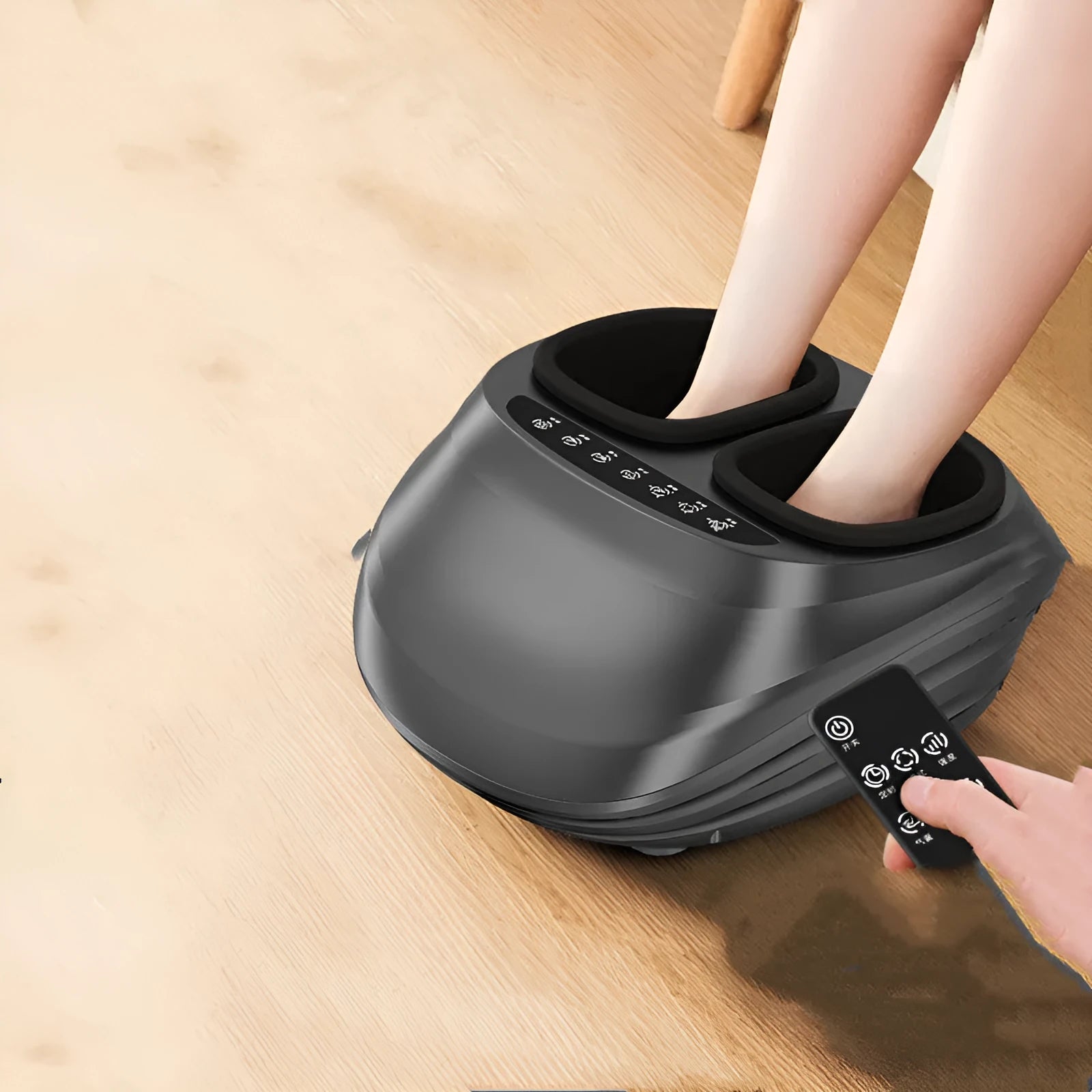 Household automatic kneading heating foot massager with 4D wrap, black basic style, push-button control