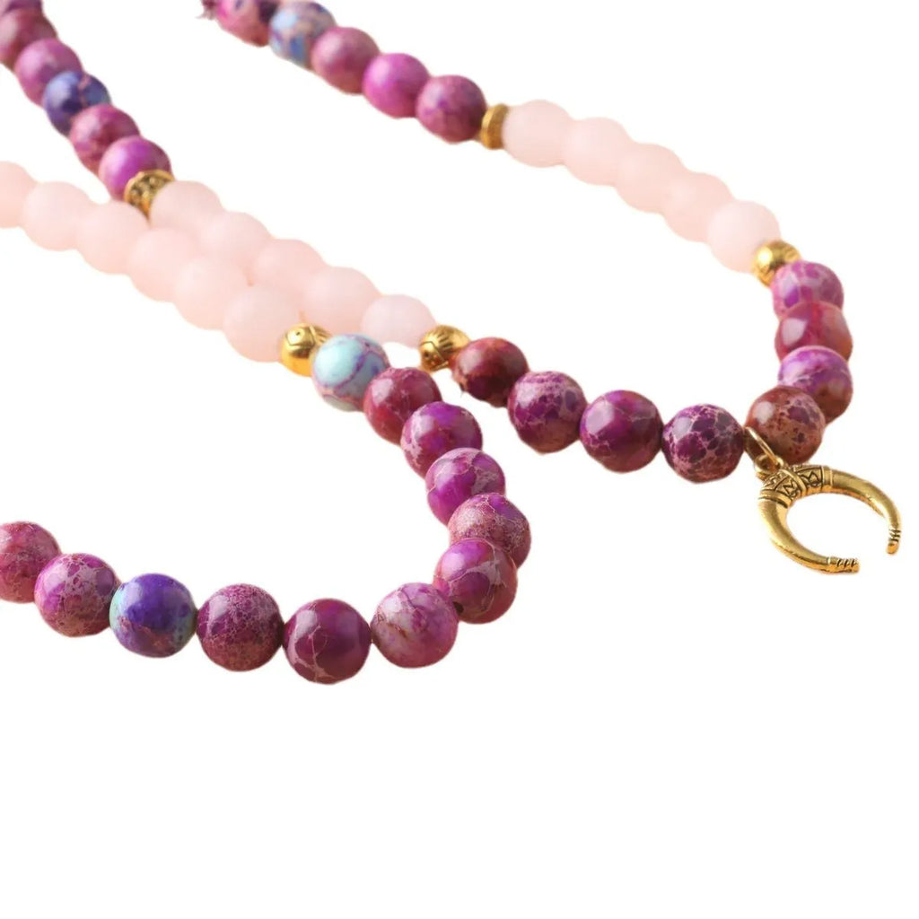 Women's personalised necklace with Emperor Stone pendant and round pink crystal beads