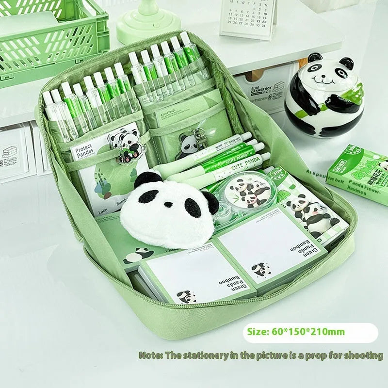 Green canvas panda pencil case showing twelve layered compartments open to reveal storage space
