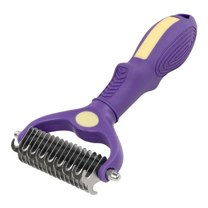 Purple plastic double-sided pet comb for detangling dog and cat fur.