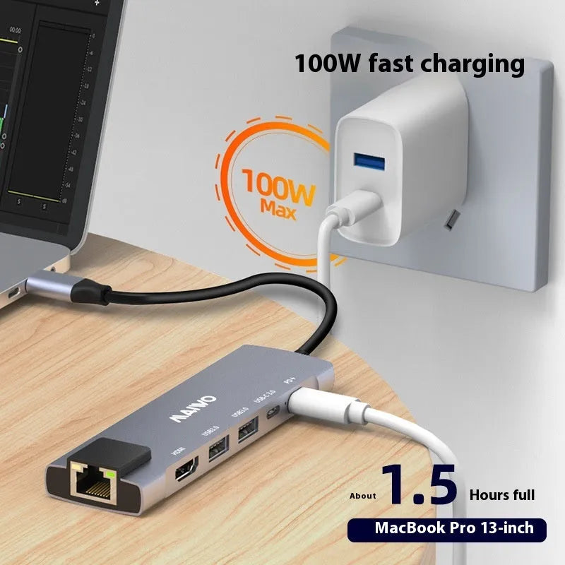 Aluminium Steam Deck docking station with six ports including HDMI, Ethernet, and USB 3.0, shown with a 15cm cable.