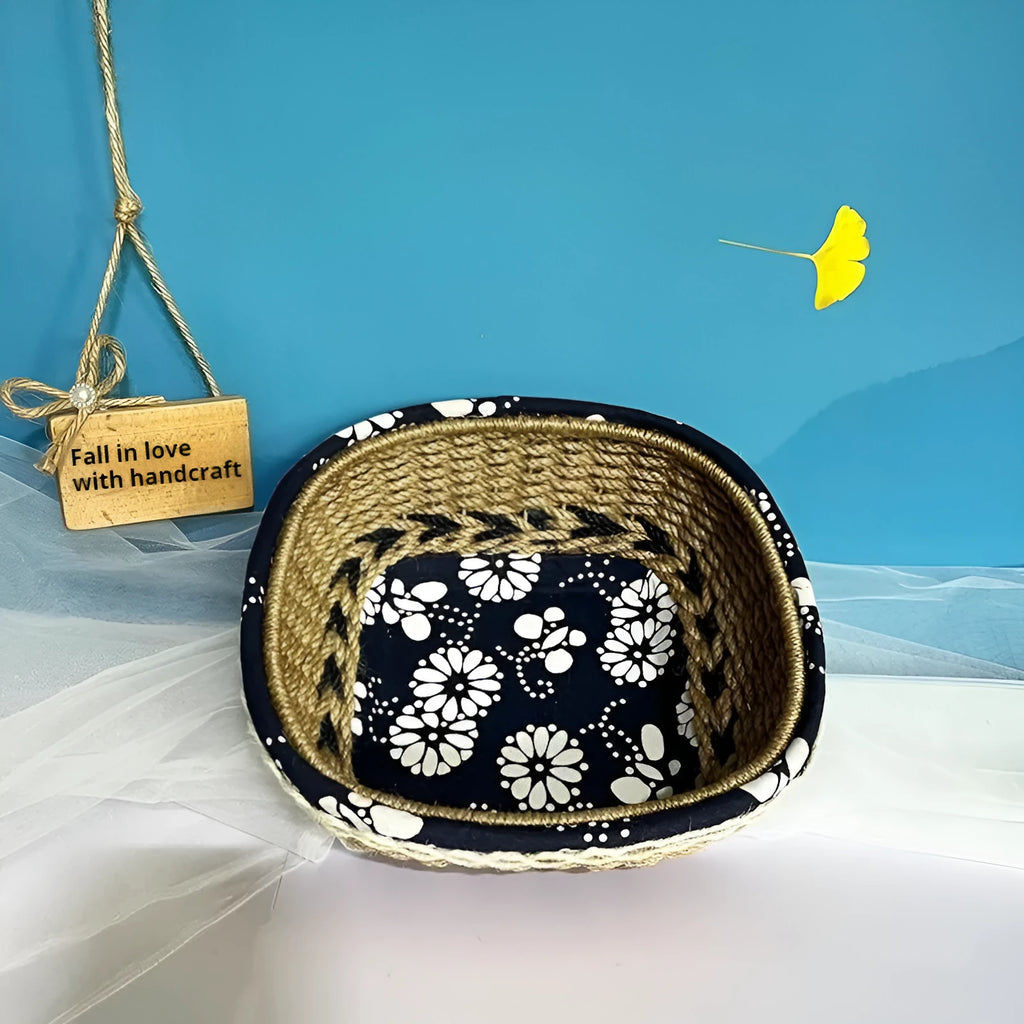 Blue square hand-woven twine storage basket for coffee table desktop small items