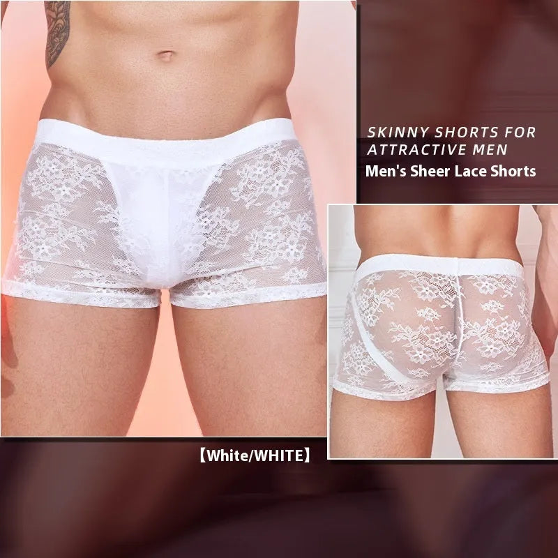 Black lace design men's nylon boxers on a white background