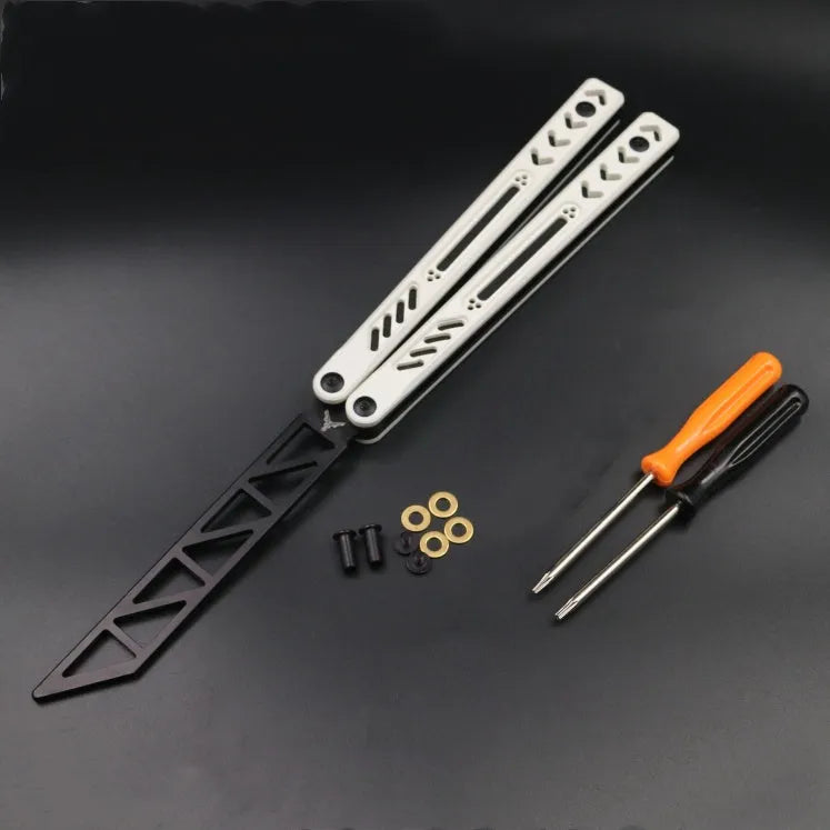 Unbladed aluminium handle butterfly knife trainer with G10 grip patches, shown in expanded 25.5cm position.