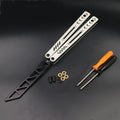 Unbladed aluminium handle butterfly knife trainer with G10 grip patches, shown in expanded 25.5cm position.