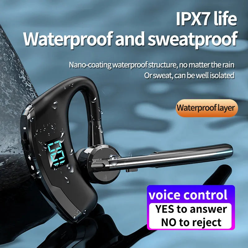 V8S Black wireless Bluetooth headset with digital power display and ear-mounted design